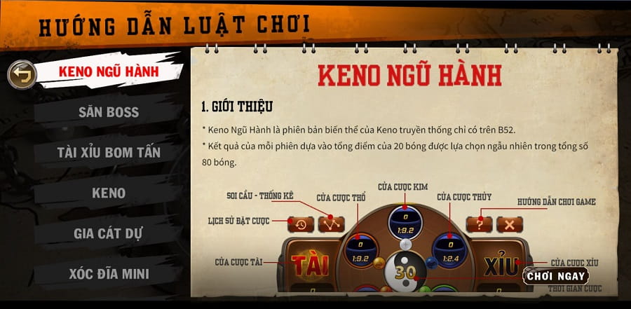 Hướng dẫn chơi Keno ngũ hành tại B52 Club